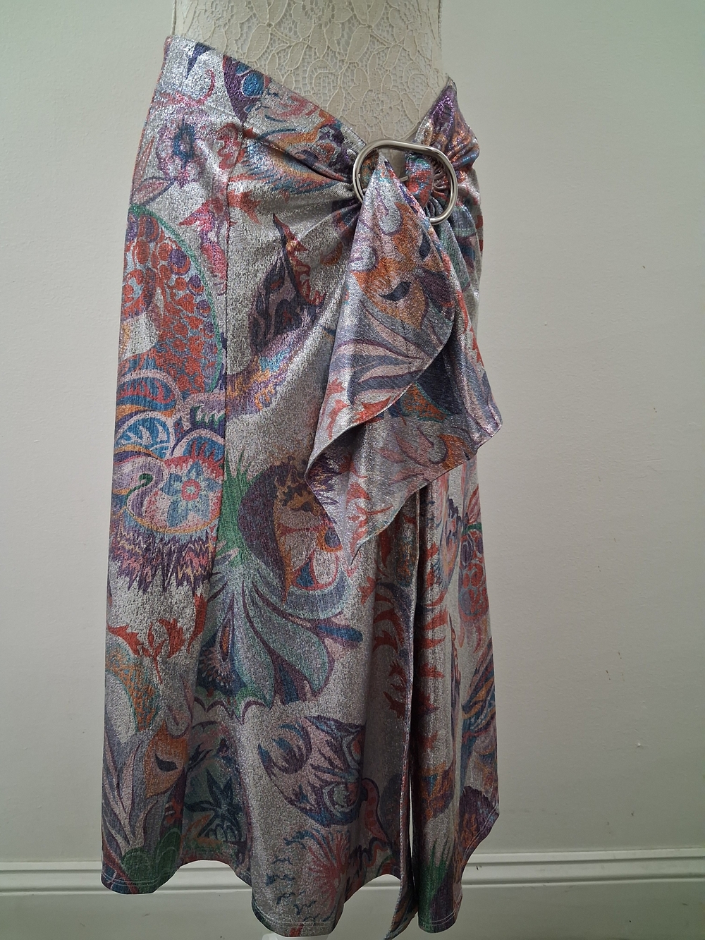 Printed Metallic Midi Skirt with Ring Detail - Silver, Purple, Green, Orange